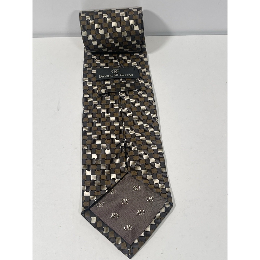 Daniel De Fasson Hand Made Brown Geometric Silk Necktie
